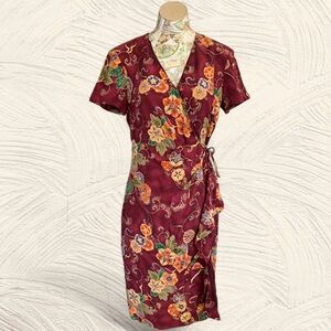 Spenser Jeremy 100% Silk Vintage Red Floral Wrap Dress 4